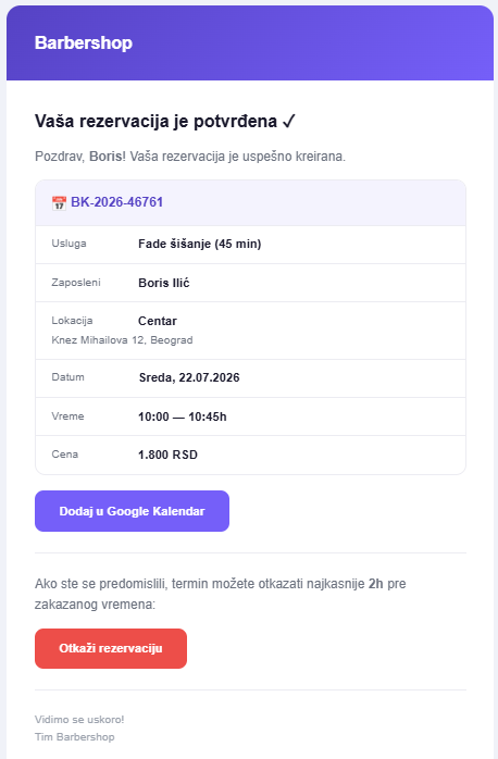 Potvrda rezervacije sa linkom za otkazivanje